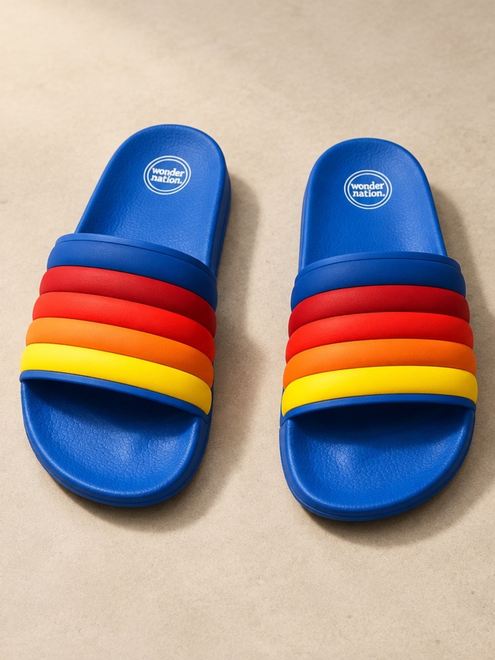 wonder nation Blue Slide Sandals with Rainbow Band Stripes